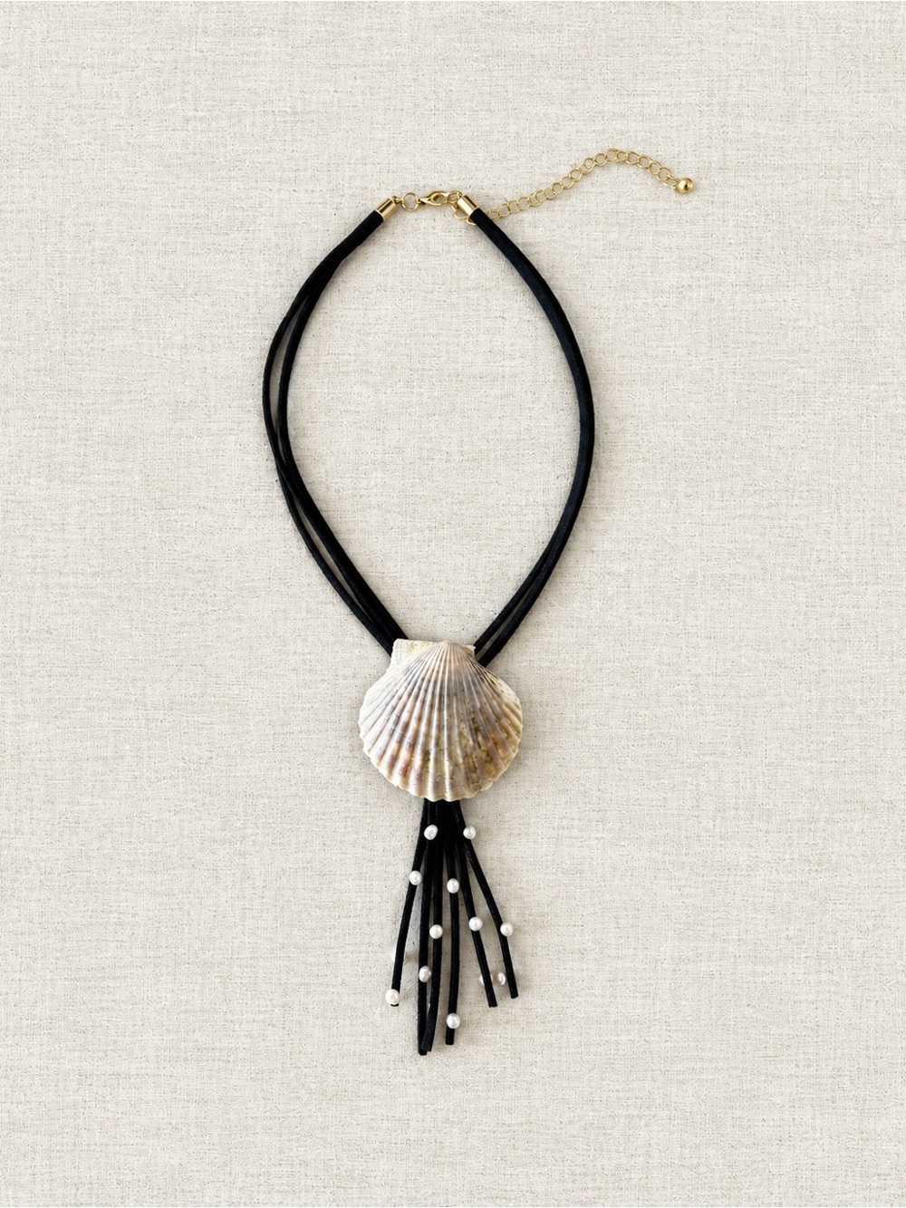 Black Cord Shell Pendant Necklace with Pearl Accents
